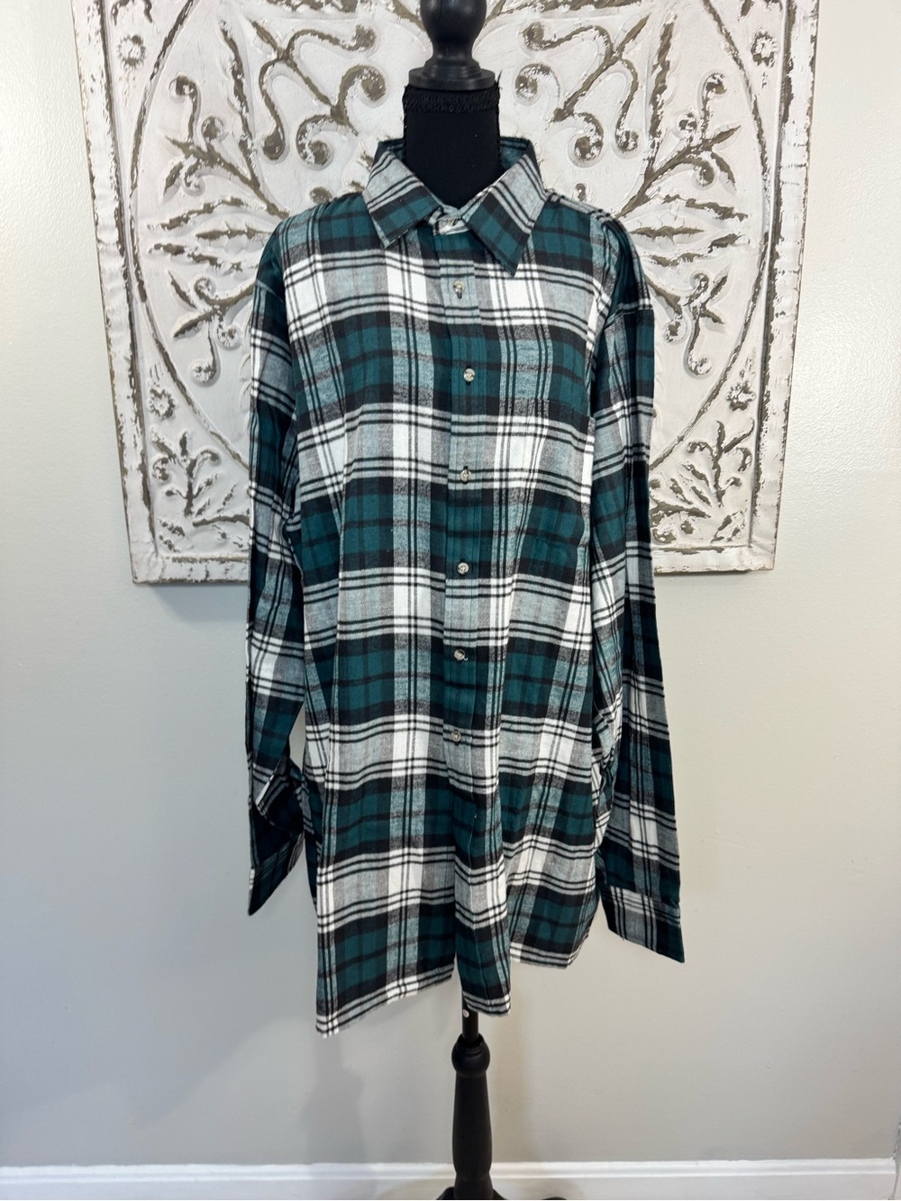 Royal Knight XLT Tall Green Black White Plaid Flannel Shirt 100% Cotton Button U